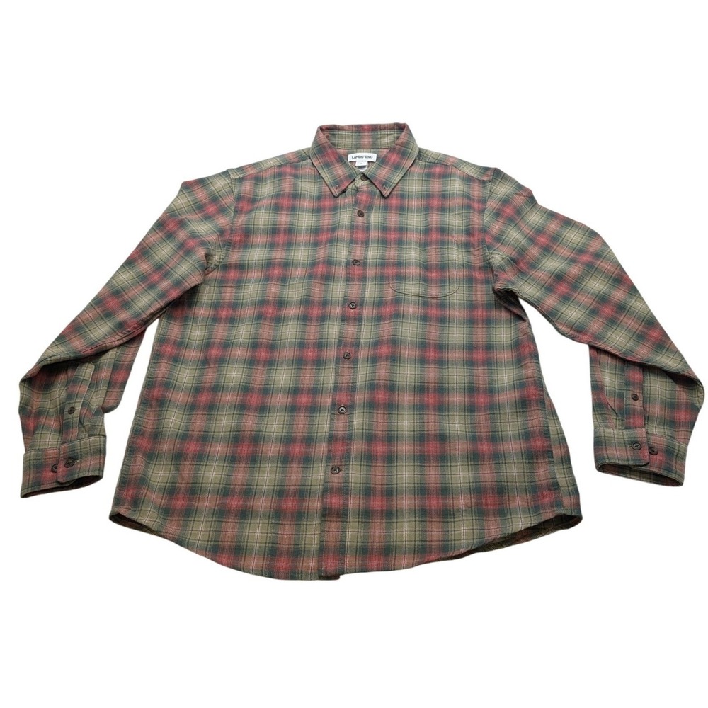 Lands'‎ End Plaid Flannel Shirt Mens Large Green Red Traditional Fit 554405